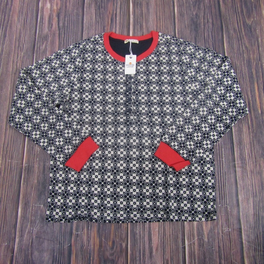 Marine Layer NEW NWT Womens Large Navy Blue Cream Floral Doubleknit Henley